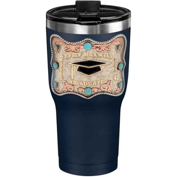 A customized tumbler made of stainless steel with a personalized engraved name and graduate cap figure, 30 oz, ideal for coffee or cool drinks